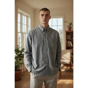 Billy Reid Standard Cut Blue Gingham Cotton Button Up Shirt Large